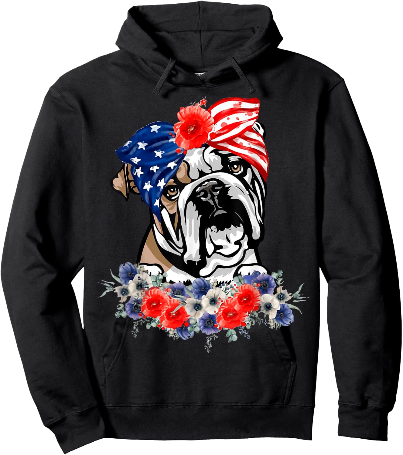 English Bulldog Dog American Flag Patriotic 4th Of July Hoodie - Hoodie | Black