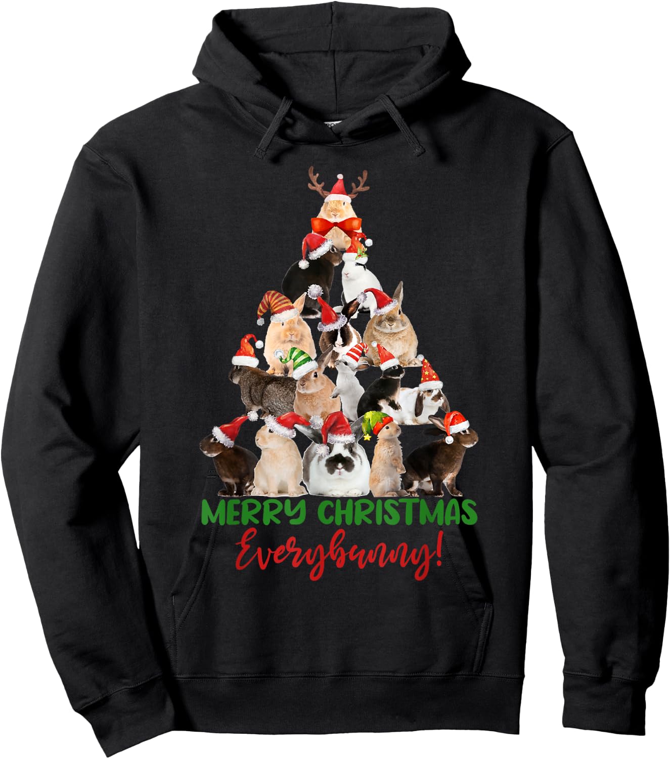 Christmas Tree with Santa Hat Bunnies Cute Holiday Hoodie - Hoodie | Black