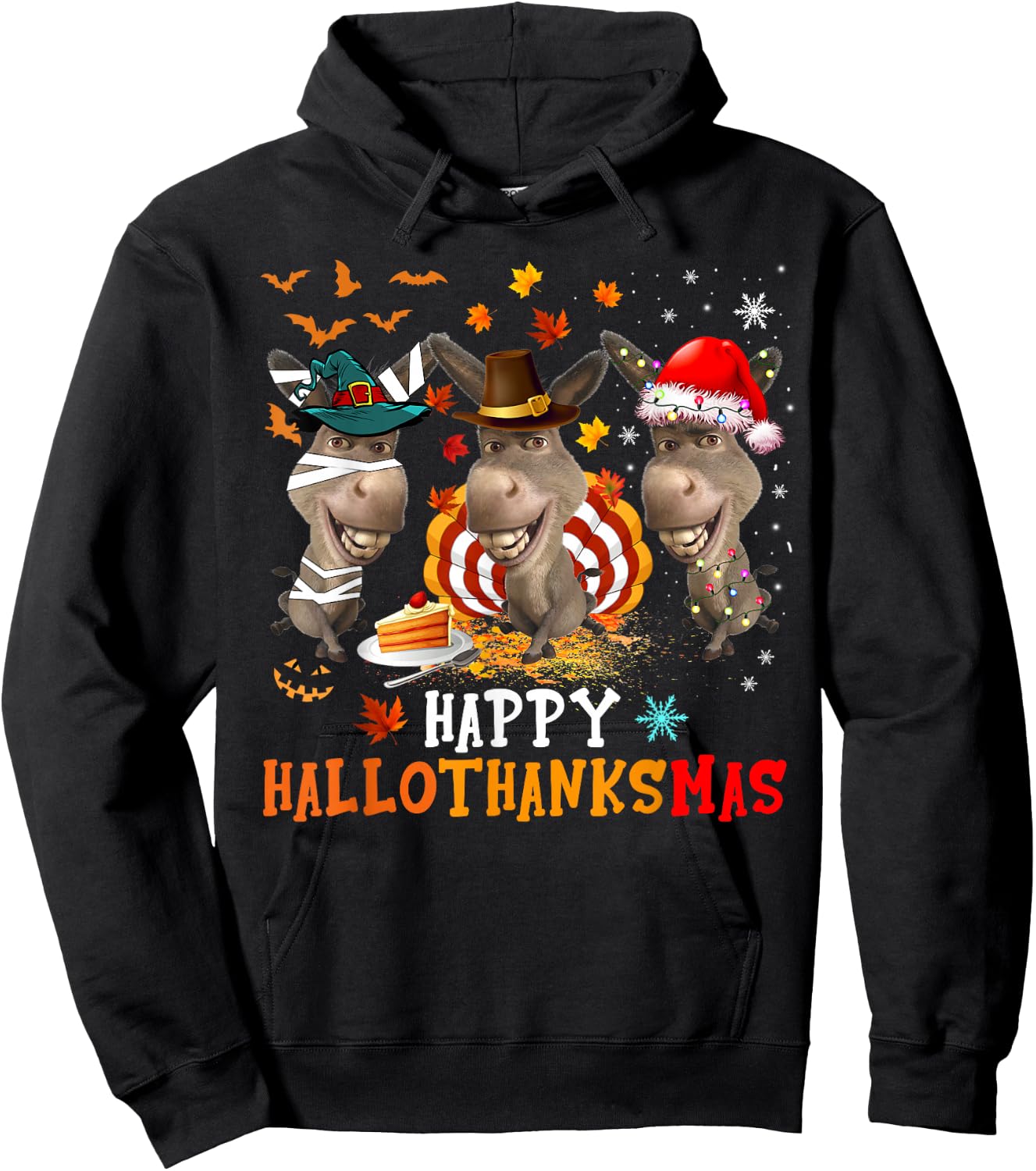 Happy HalloThanksMas Cute Santa Witch Turkey Donkey Farmer Hoodie - Hoodie | Black