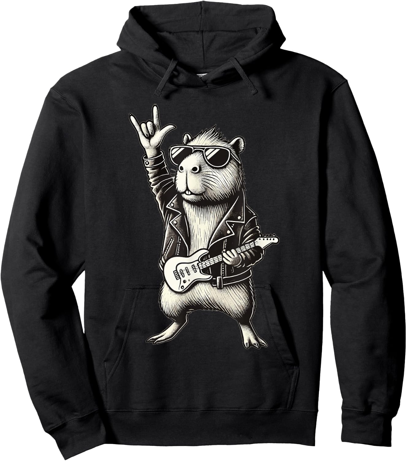 Rock and Heavy Metal Music, Capybara Rocker and Hand Guitar Rock Hoodie - Hoodie | Black