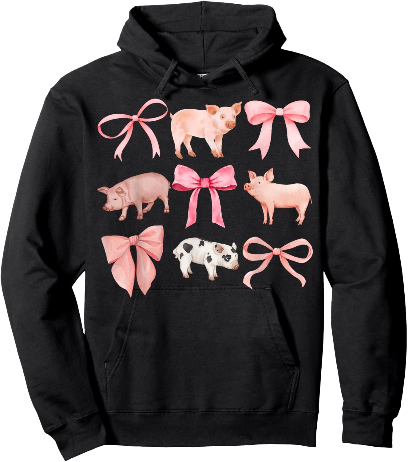 Coquette Pigs, Pigs and Bows, Watercolor, Yorkshires Hoodie - Hoodie | Black
