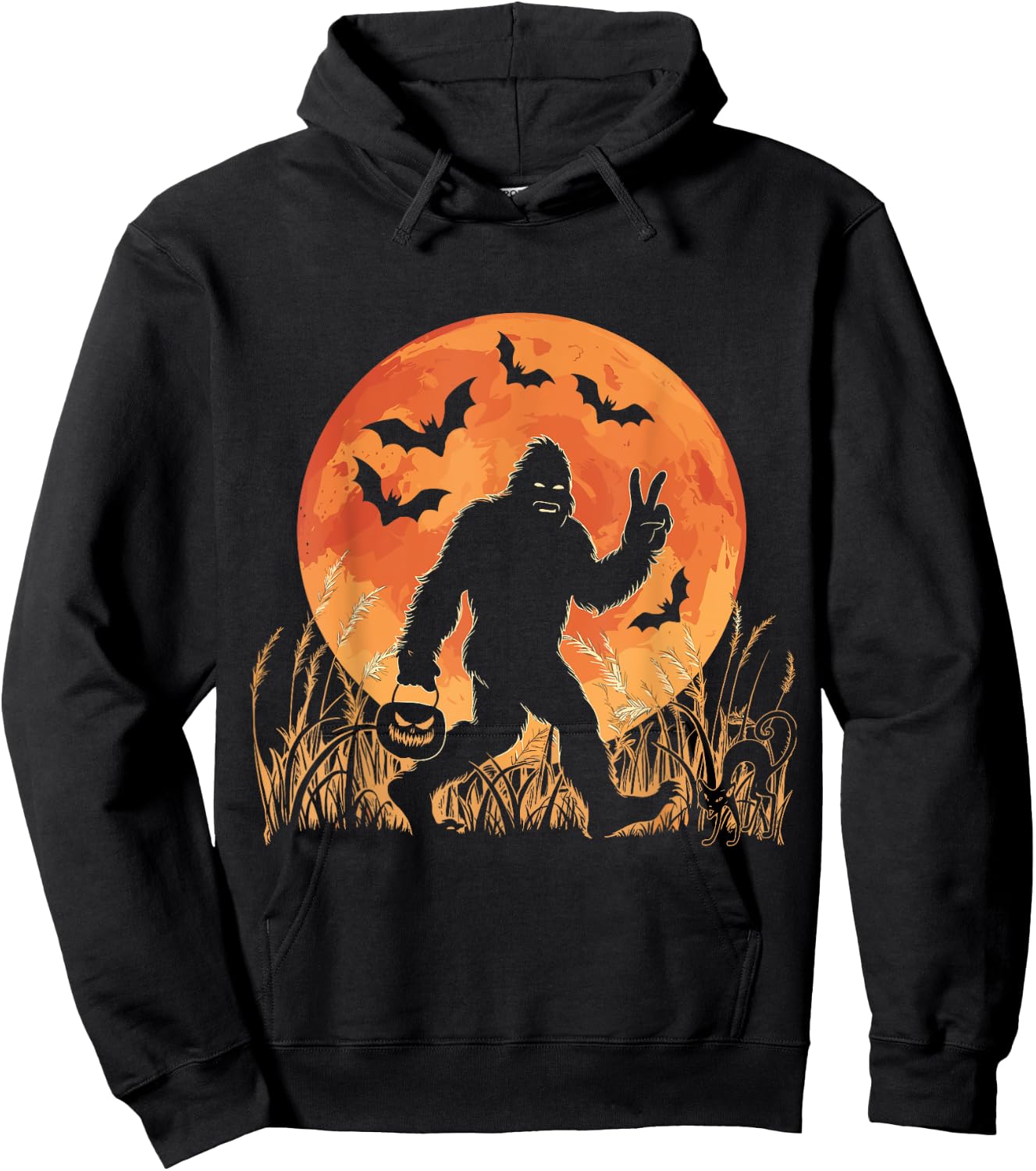Vintage Bigfoot Pumpkin Halloween Moon Silhouette Sasquatch Hoodie - Hoodie | Black