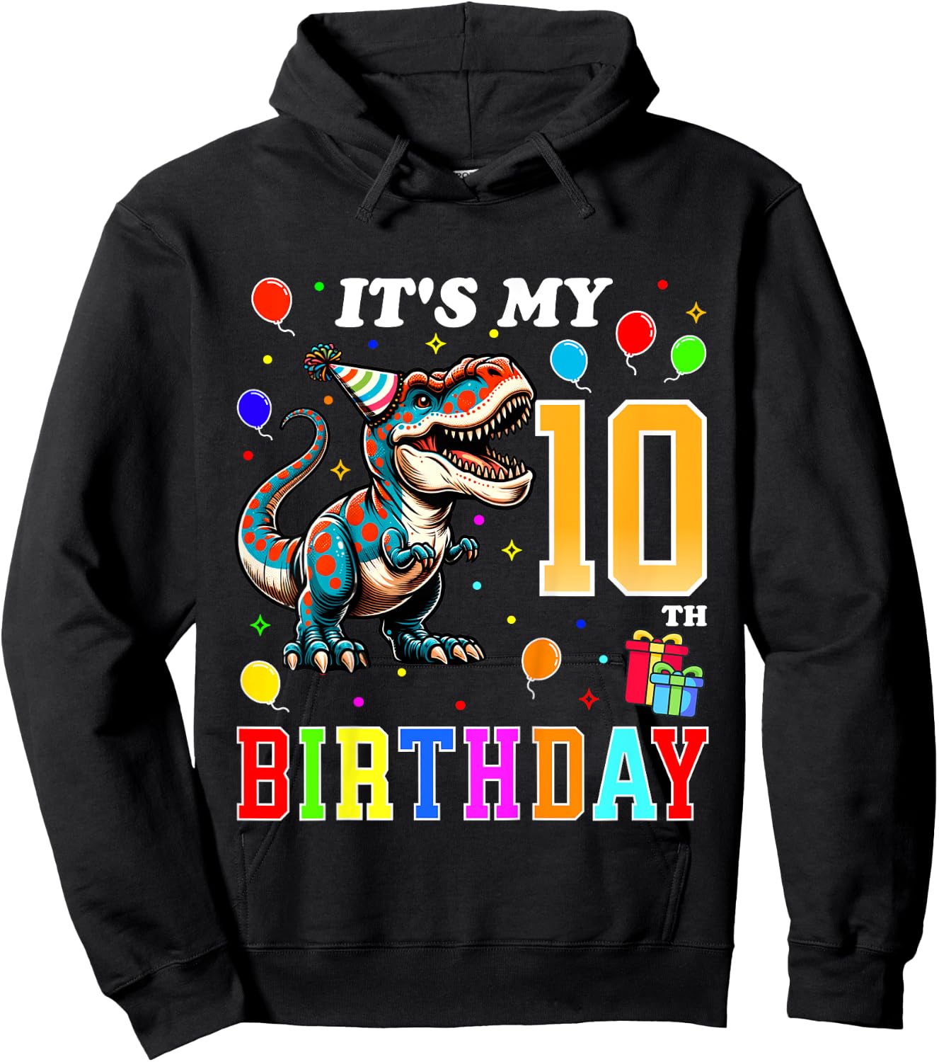 Kids Dinosaur Birthday 10 Year Old 10th Birthday Kids Boys Girls Hoodie - Hoodie | Black