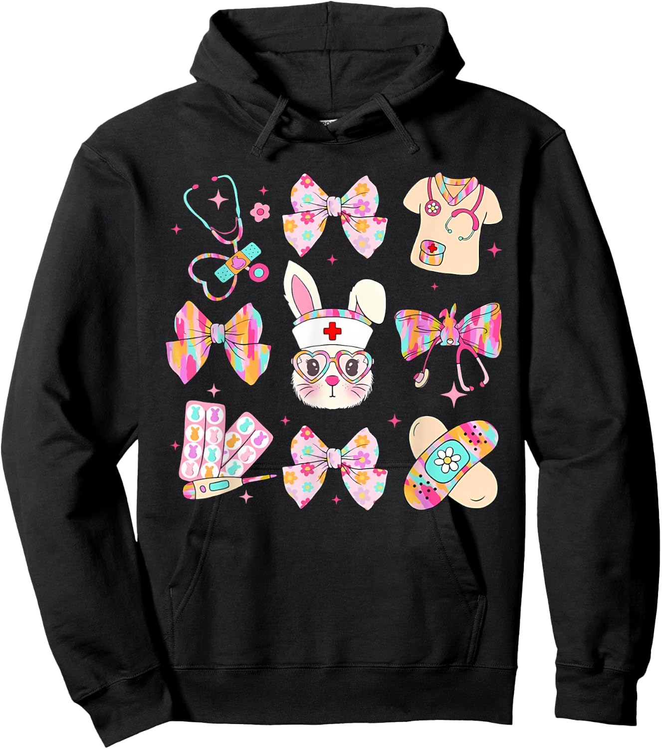 Easter Nurse Coquette Bow Happy Easter Bunny School Women Hoodie - Hoodie | Black