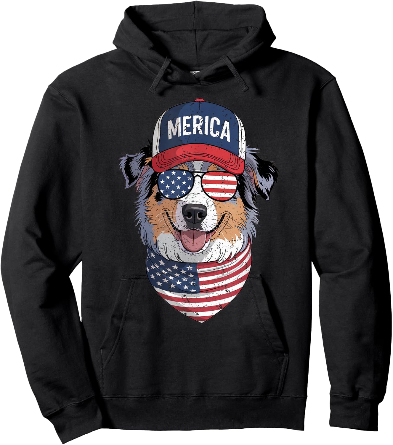 Australian Shepherd 4th of July US American Flag Patriotic Hoodie - Hoodie | Black