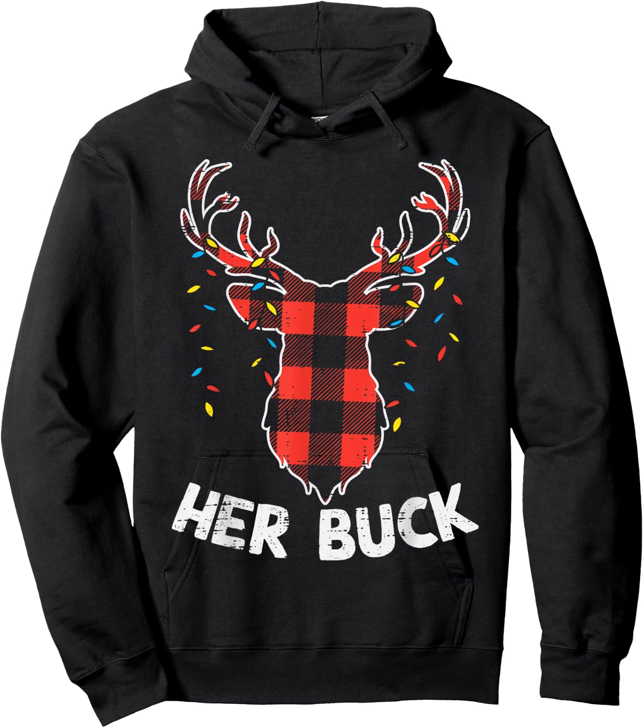 Plaid Reindeer Her Buck Matching Christmas Couple Men PJ Hoodie - Hoodie | Black
