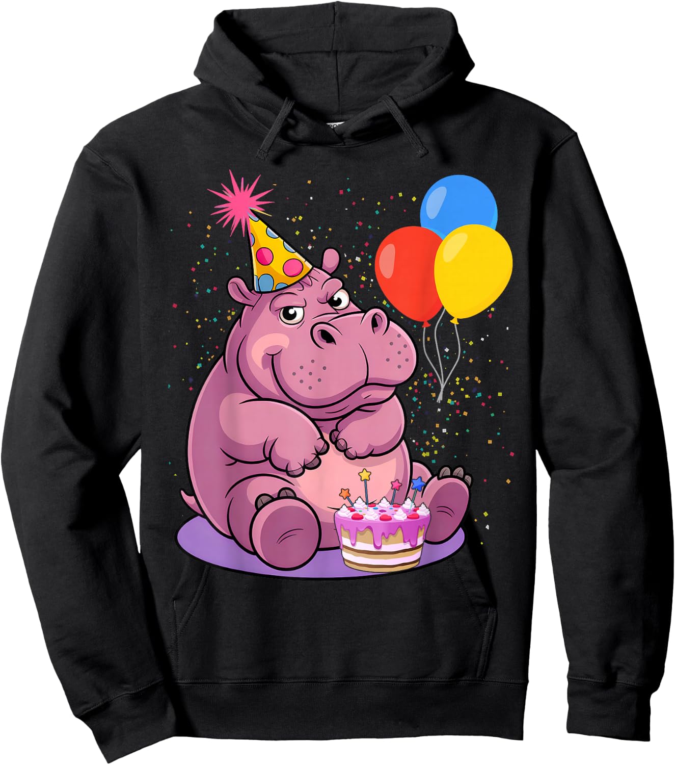 Hippo Wearing A Birthday Hat With Party Balloons Par Hoodie - Hoodie | Black