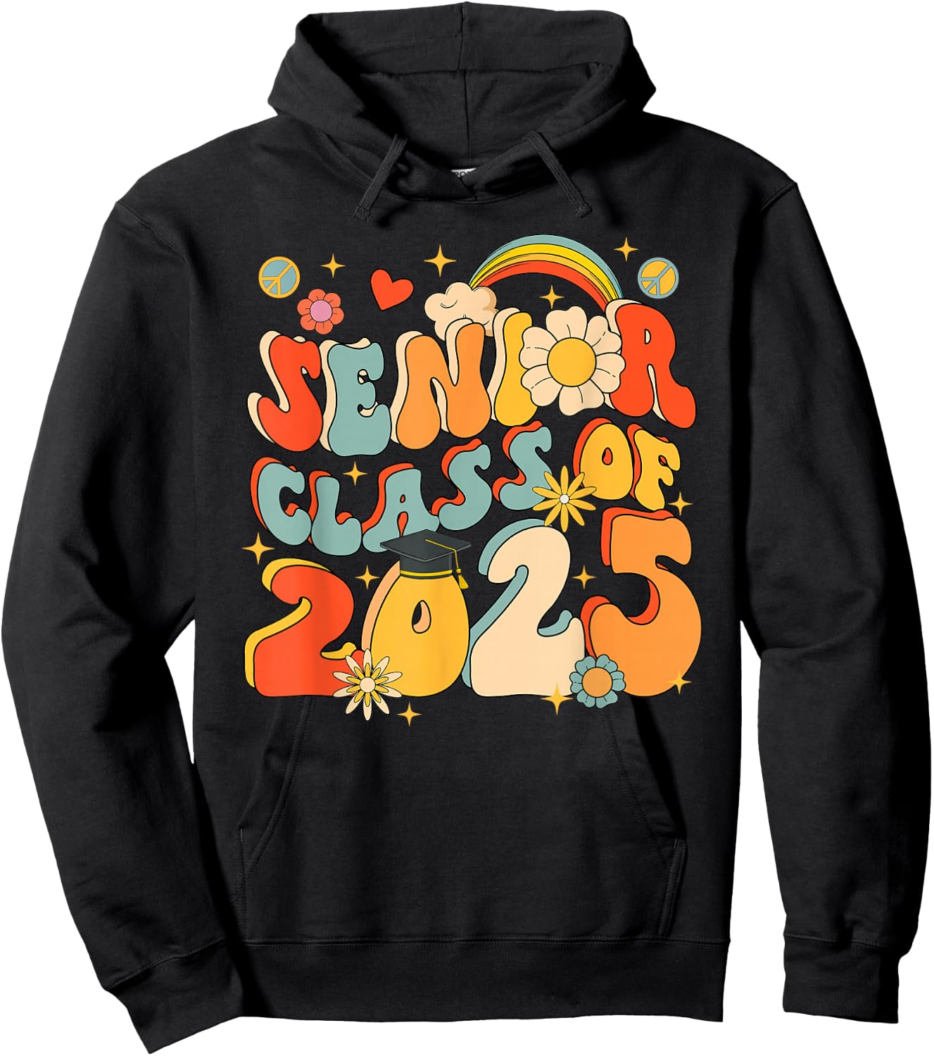Senior 25 Class Of 2025 Graduation School Retro Groovy Hoodie - Hoodie | Black