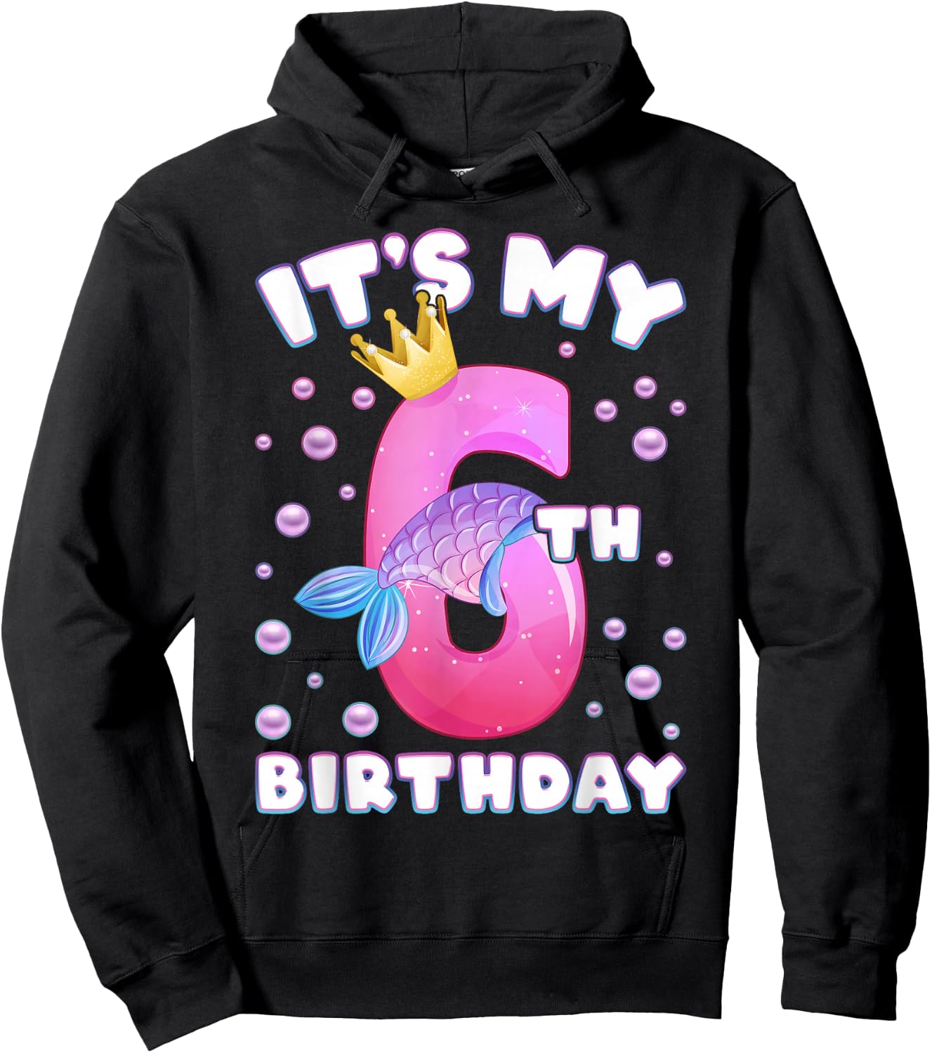 6th Birthday, Girl, Mermaid Fin, Number 6 Hoodie - Hoodie | Black