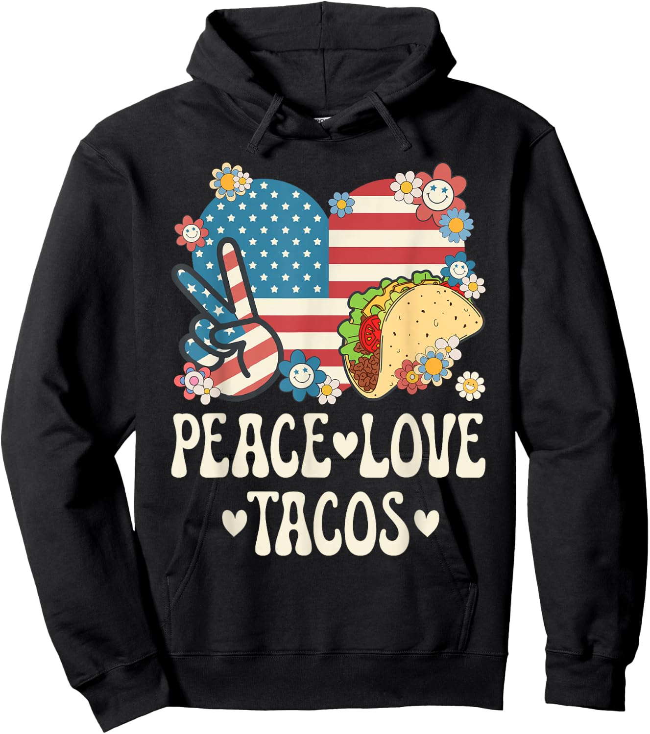 Peace Love Tacos American Flag Taco Tuesday Retro Taco Lover Hoodie - Hoodie | Black