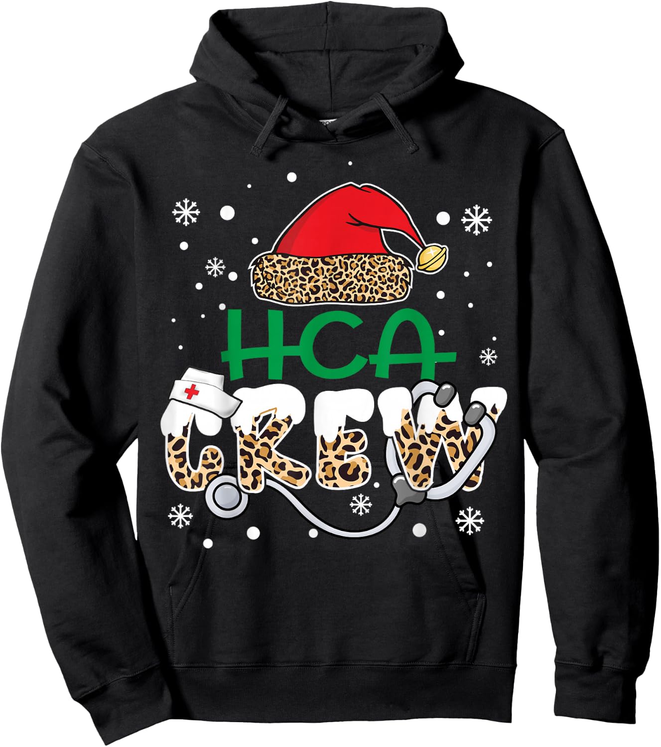 HCA Crew Leopard Santa Hat Stethoscope Funny Nurse Christmas Hoodie - Hoodie | Black