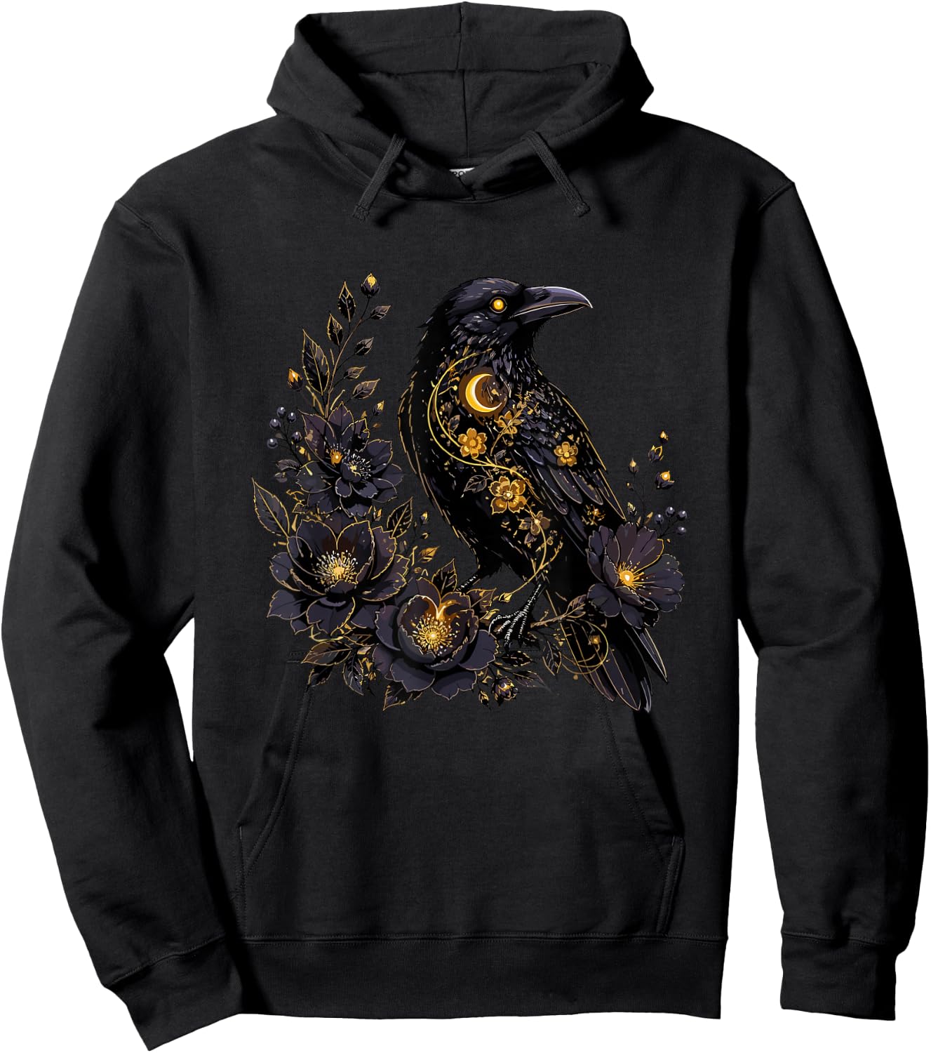 Celestial Raven with Moon and Dark Flowers Hoodie - Hoodie | Black