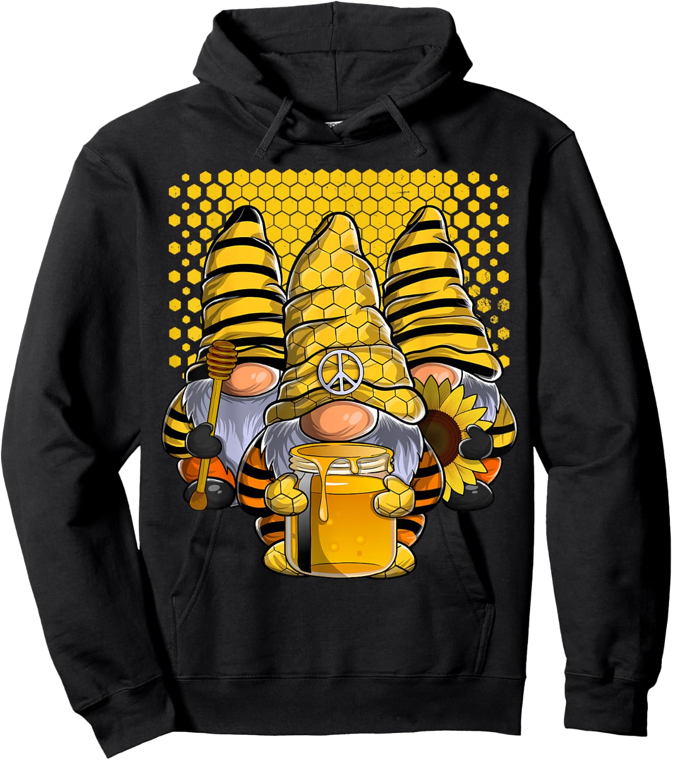 Three Honey Gnomes Sunflower Bee Peace Gnome Hoodie - Hoodie | Black