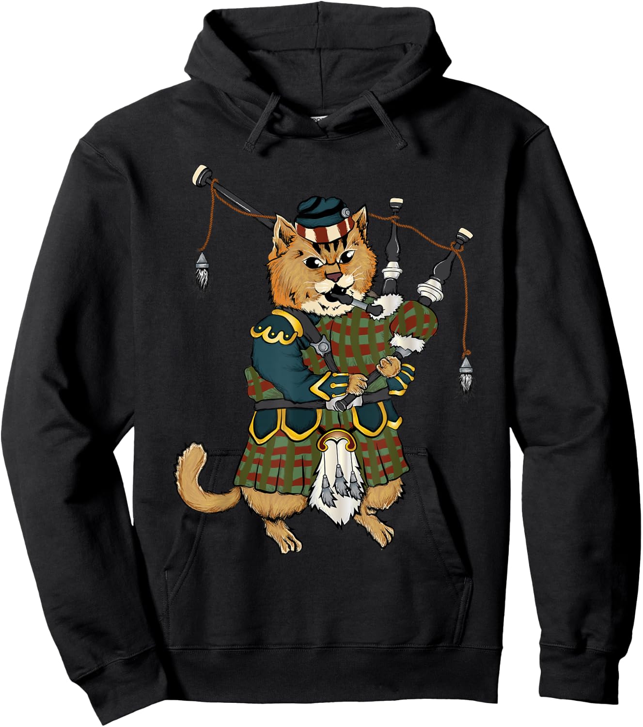 Cat With Bagpipe I Scottish Uniform Music Kilt Hoodie - Hoodie | Black