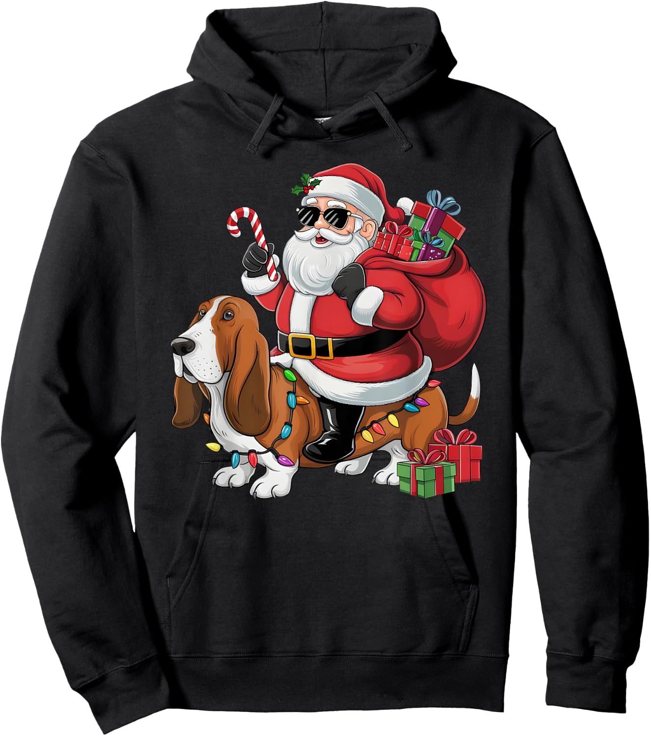 Xmas Lighting Funny Santa Riding Basset Hound Dog Christmas Men Women Kids Hoodie - Hoodie | Black