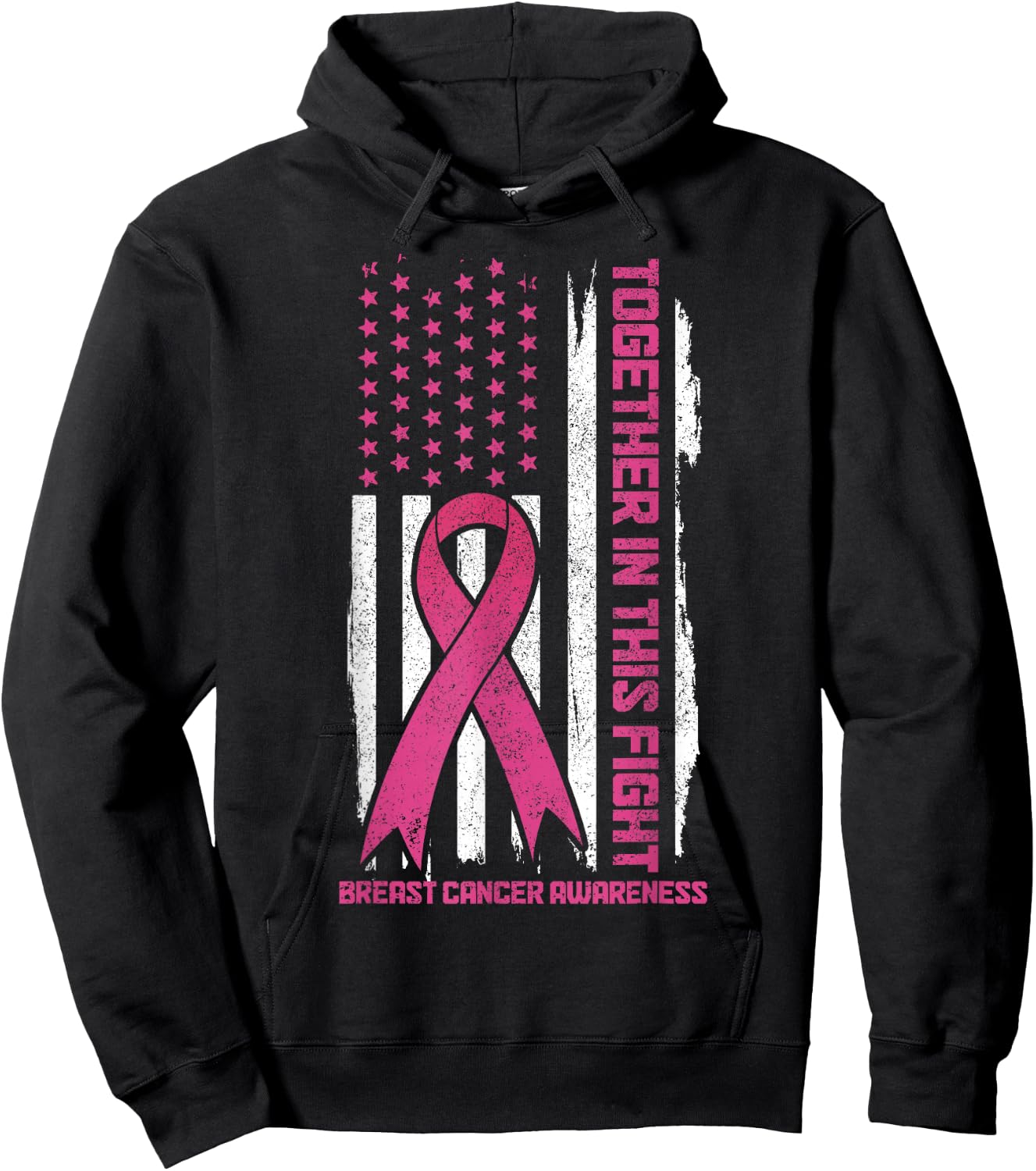 Breast Cancer Awareness Pink Ribbon American Flag Patriotic Hoodie - Hoodie | Black