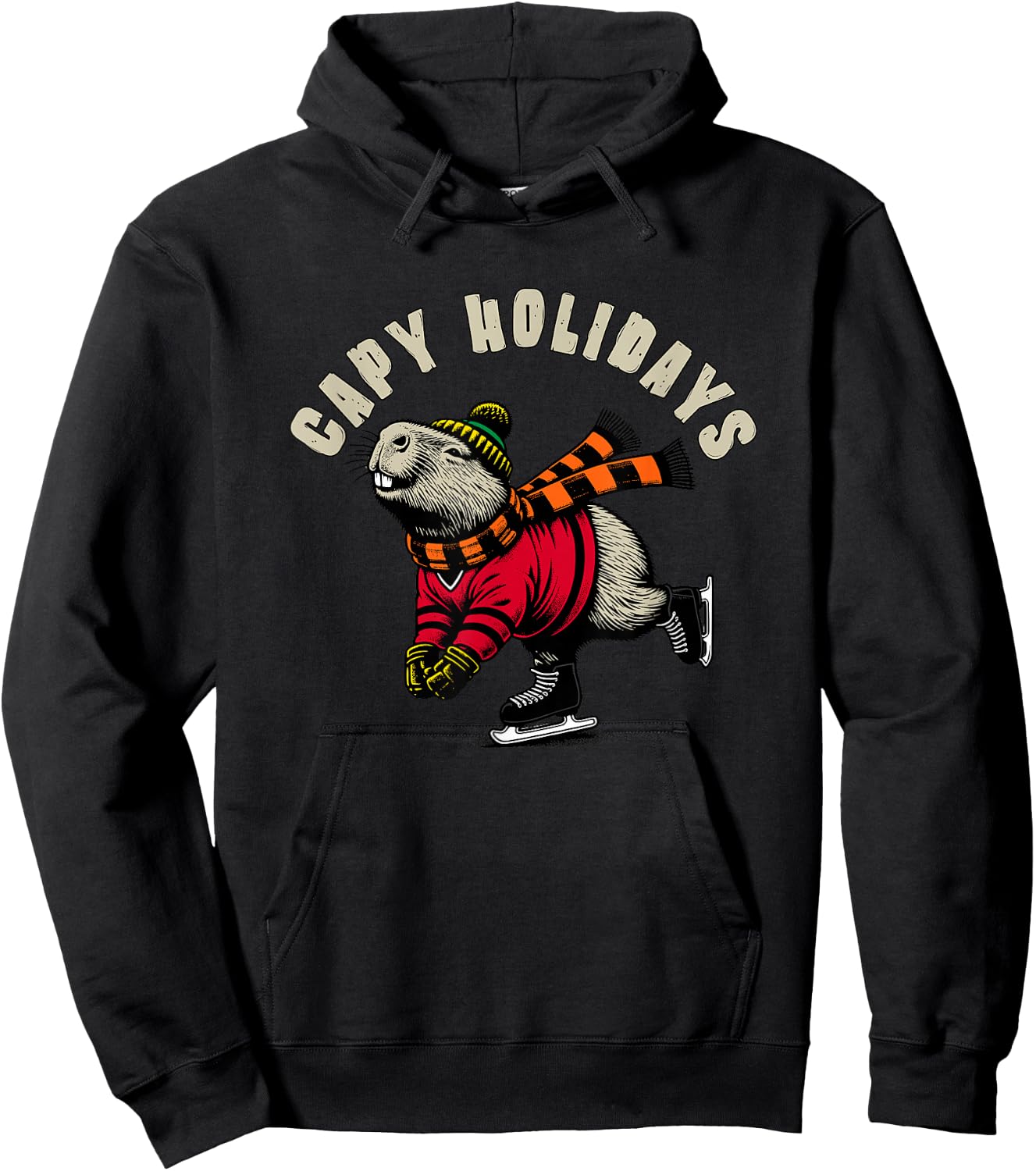Funny Capybara Holiday Capy Holiday Ice Skating Capybara Hoodie - Hoodie | Black