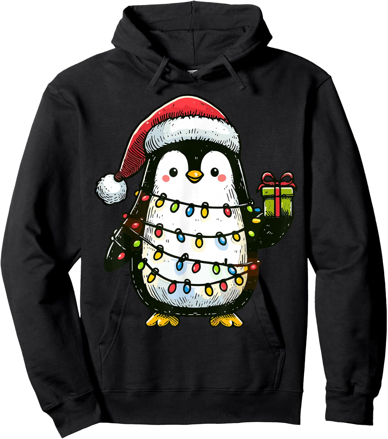 Penguin Wearing Santa Claus Hat Holding A Present Box Xmas Hoodie - Hoodie | Black