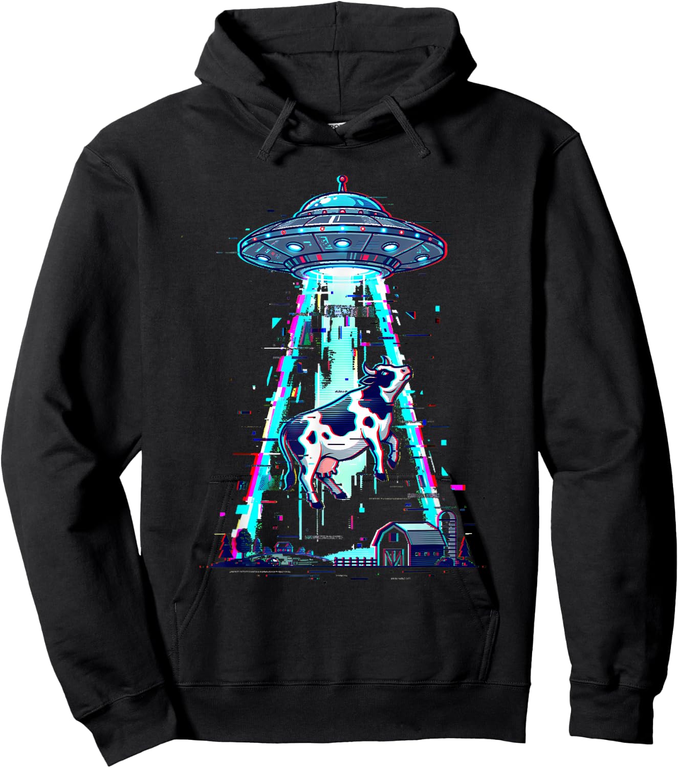 Funny Cow Abduction UFO Glitch Art Alien Meme Space Boys Men Hoodie - Hoodie | Black