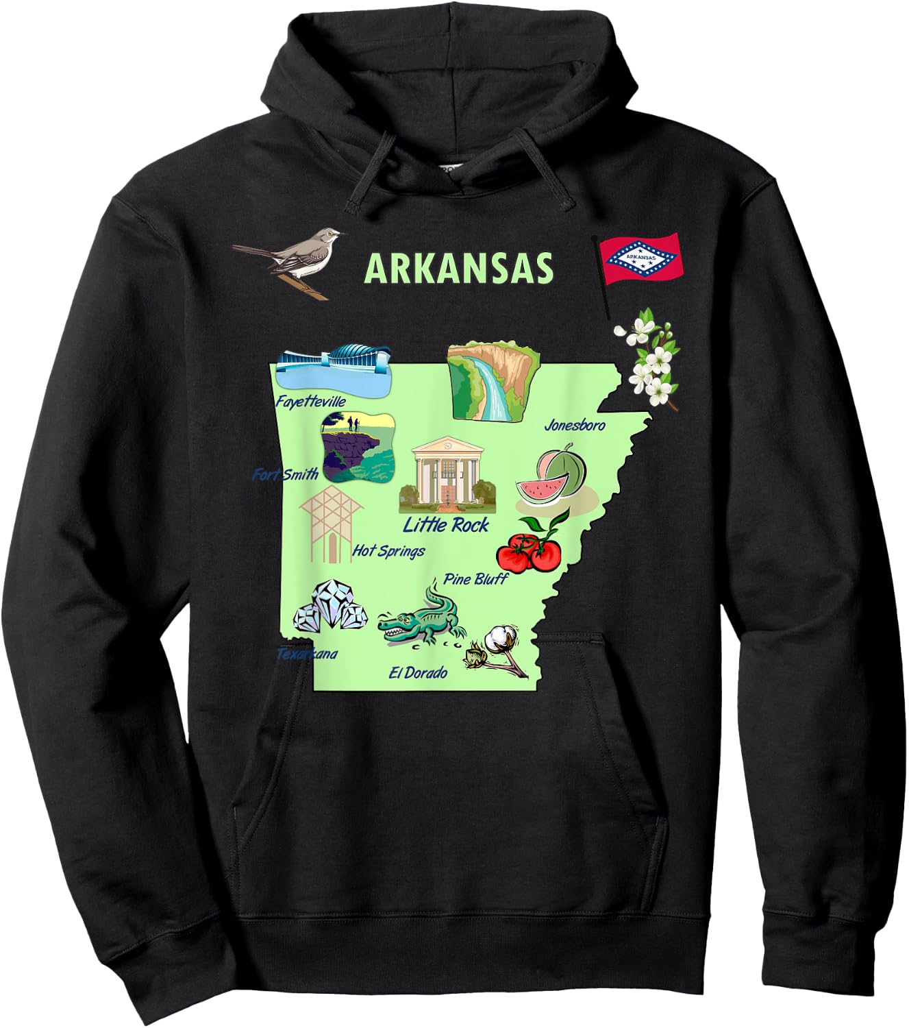 Arkansas state tourist map, landmarks, famous symbols, USA Hoodie - Hoodie | Black