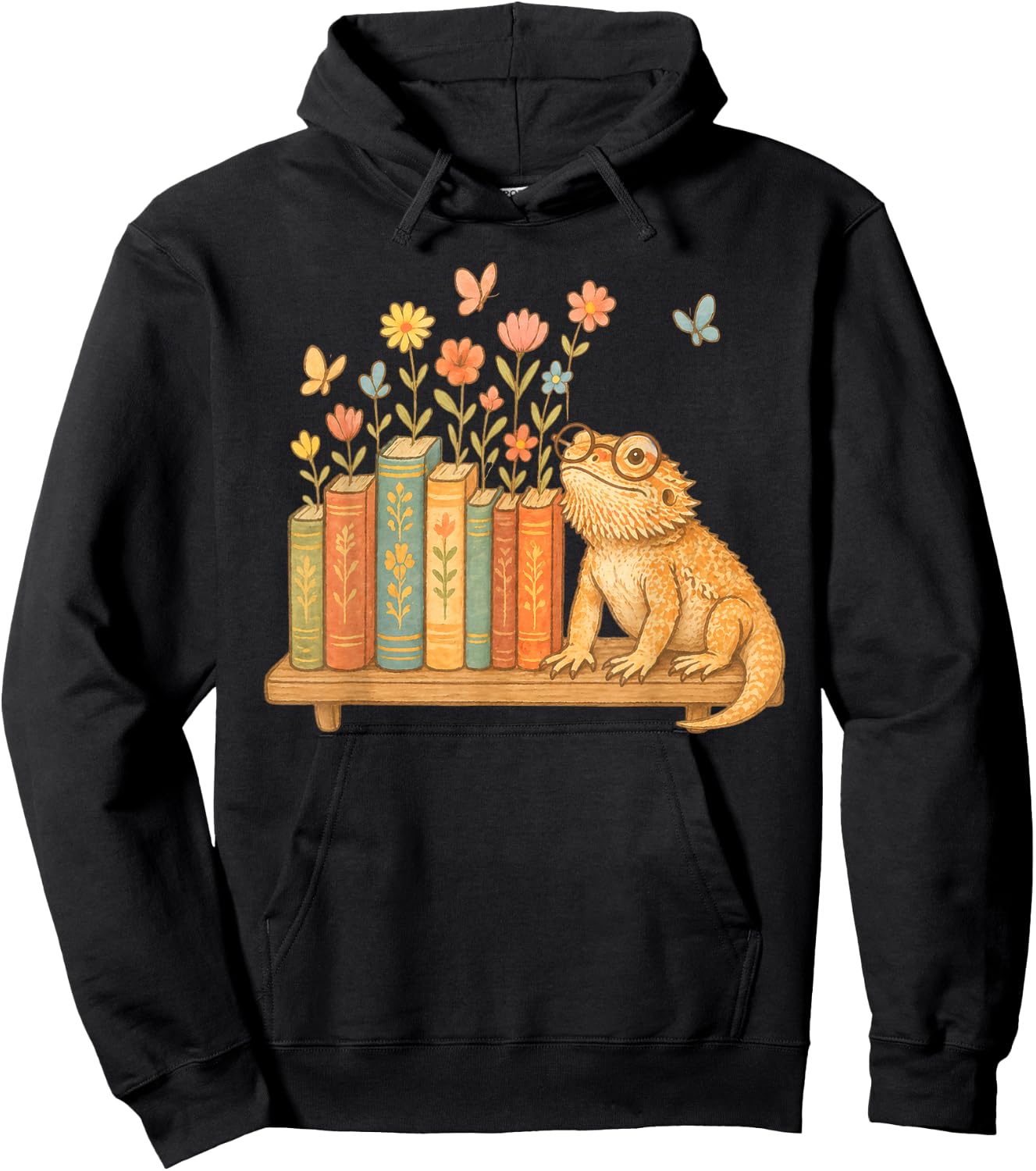 Cute Kawaii Bearded Dragon Books Flowers Hoodie - Hoodie | Black