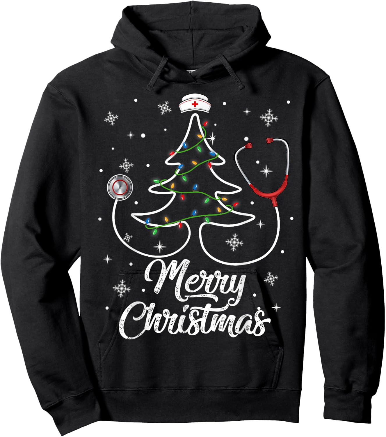 Merry Christmas Nurse Shirt Stethoscope Tree Lights Gift Hoodie - Hoodie | Black