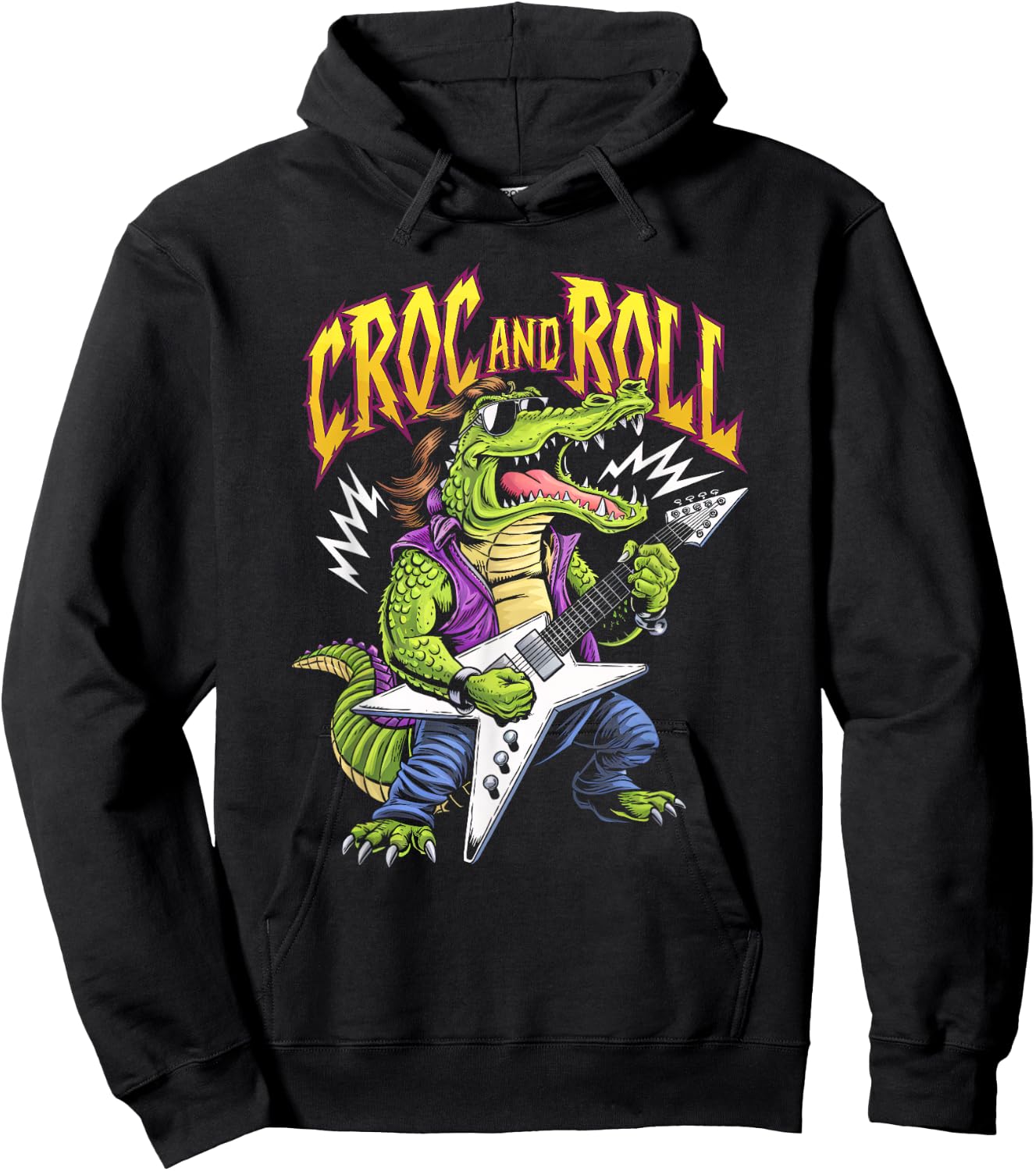 Croc And Roll Funny Crocodile Electric Guitar Rock Boys Men Hoodie - Hoodie | Black