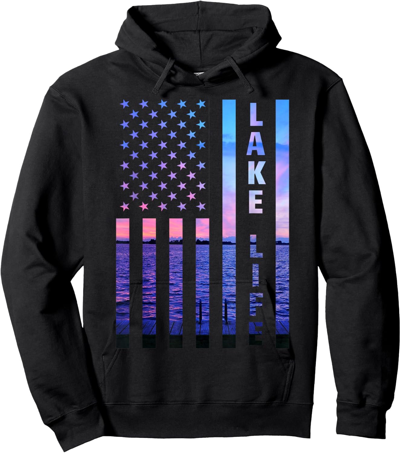 Lake Life American Flag Dock Sunset Wakeboarder Power Boat Hoodie - Hoodie | Black
