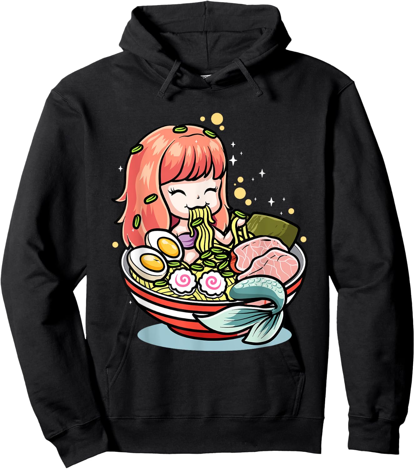 Cute Mermaid Eating Ramen Kawaii Noodle Bowl Hoodie - Hoodie | Black