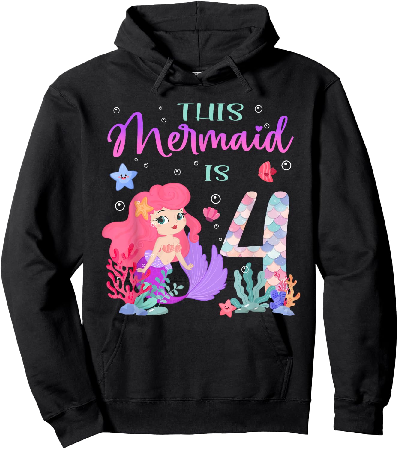 4th Birthday Cute Mermaid Girl 4 Year Old Birthday Party Hoodie - Hoodie | Black