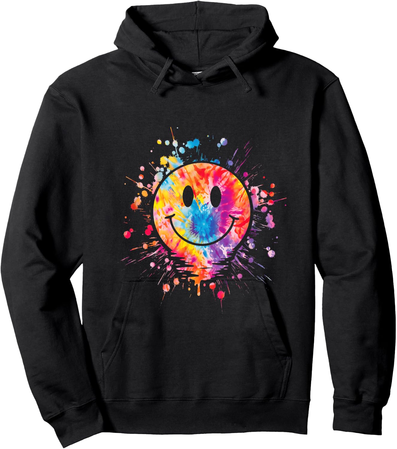 Retro Happy Face Rainbow Tie Dye Splatter 70s Peace Smile Hoodie - Hoodie | Black