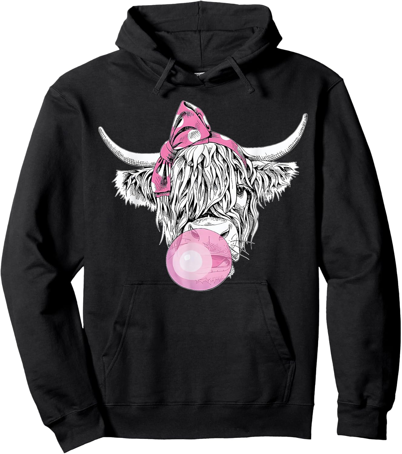 Bubble Gum Highland Cow Women Girls Heifer Farm Cow Lover Hoodie - Hoodie | Black