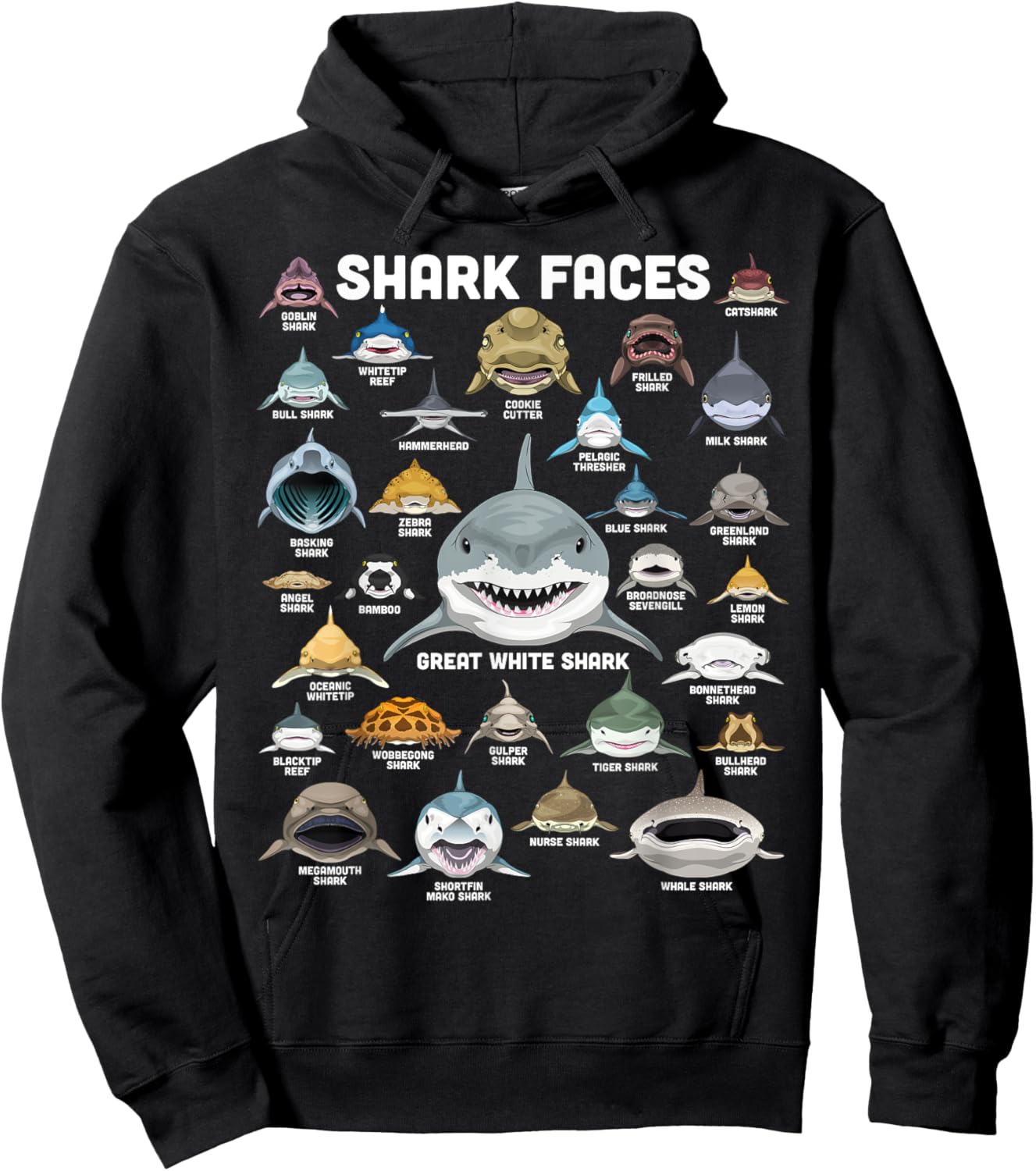 Shark Faces Shirt Types of Shark Funny Marine Biology Shark Hoodie - Hoodie | Black