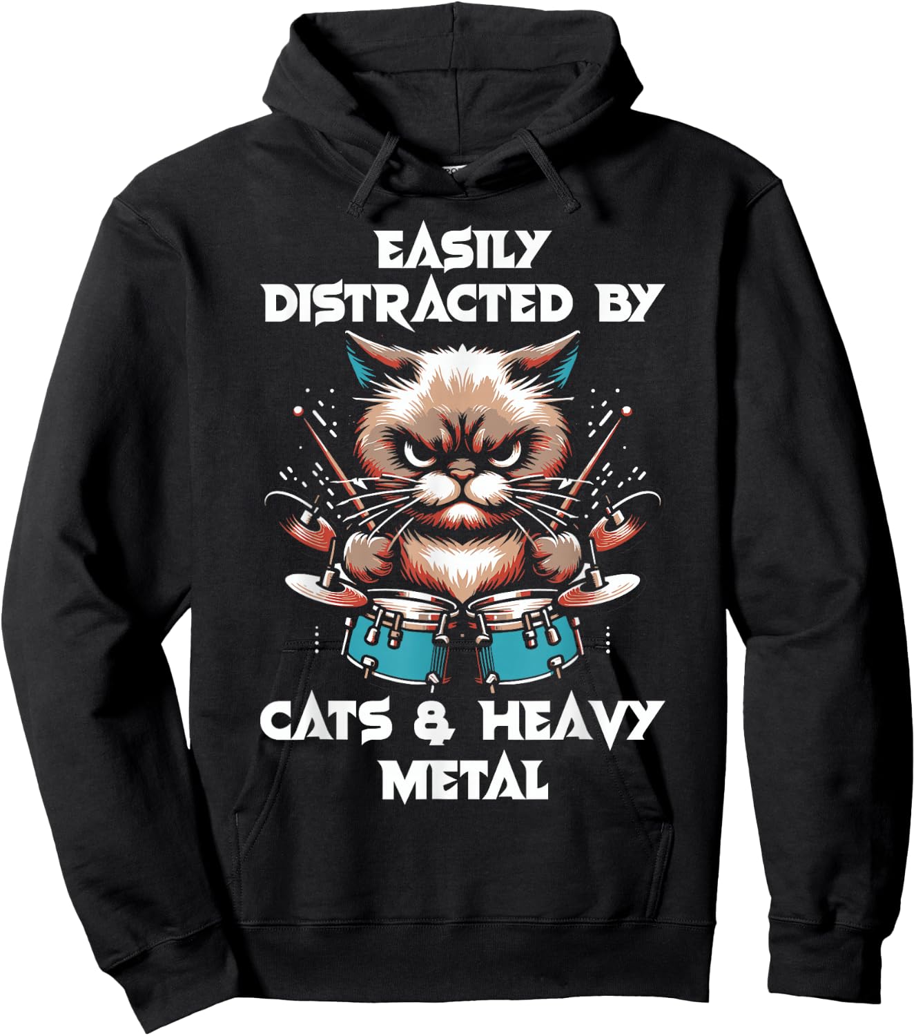 Easily distracted by cats and heavy metals - Funny Rock Cat , Black, S Hoodie - Hoodie | Black