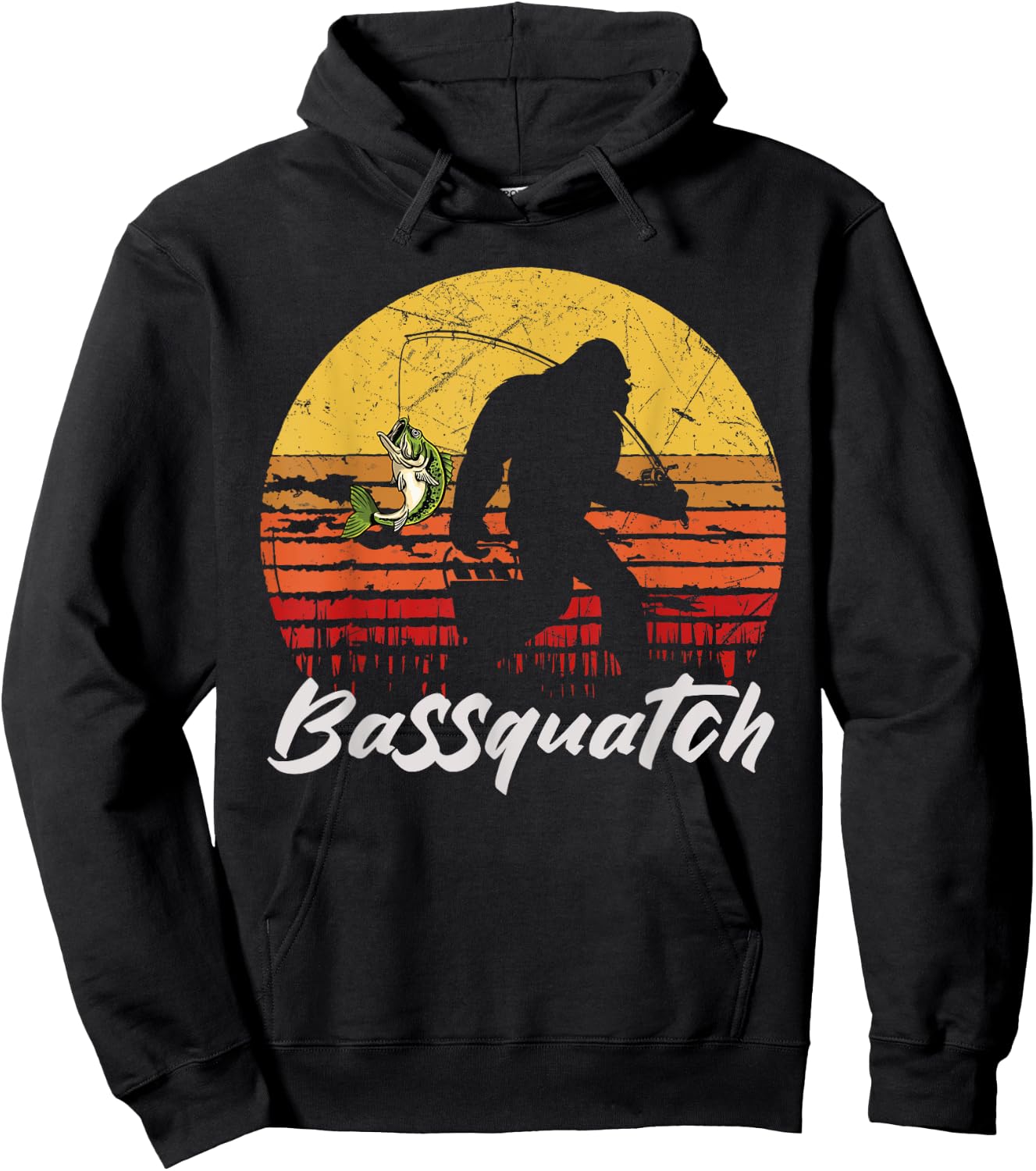Man Outdoor Fishing Bassquatch Bigfoot Bass Fish Vintage Hoodie - Hoodie | Black