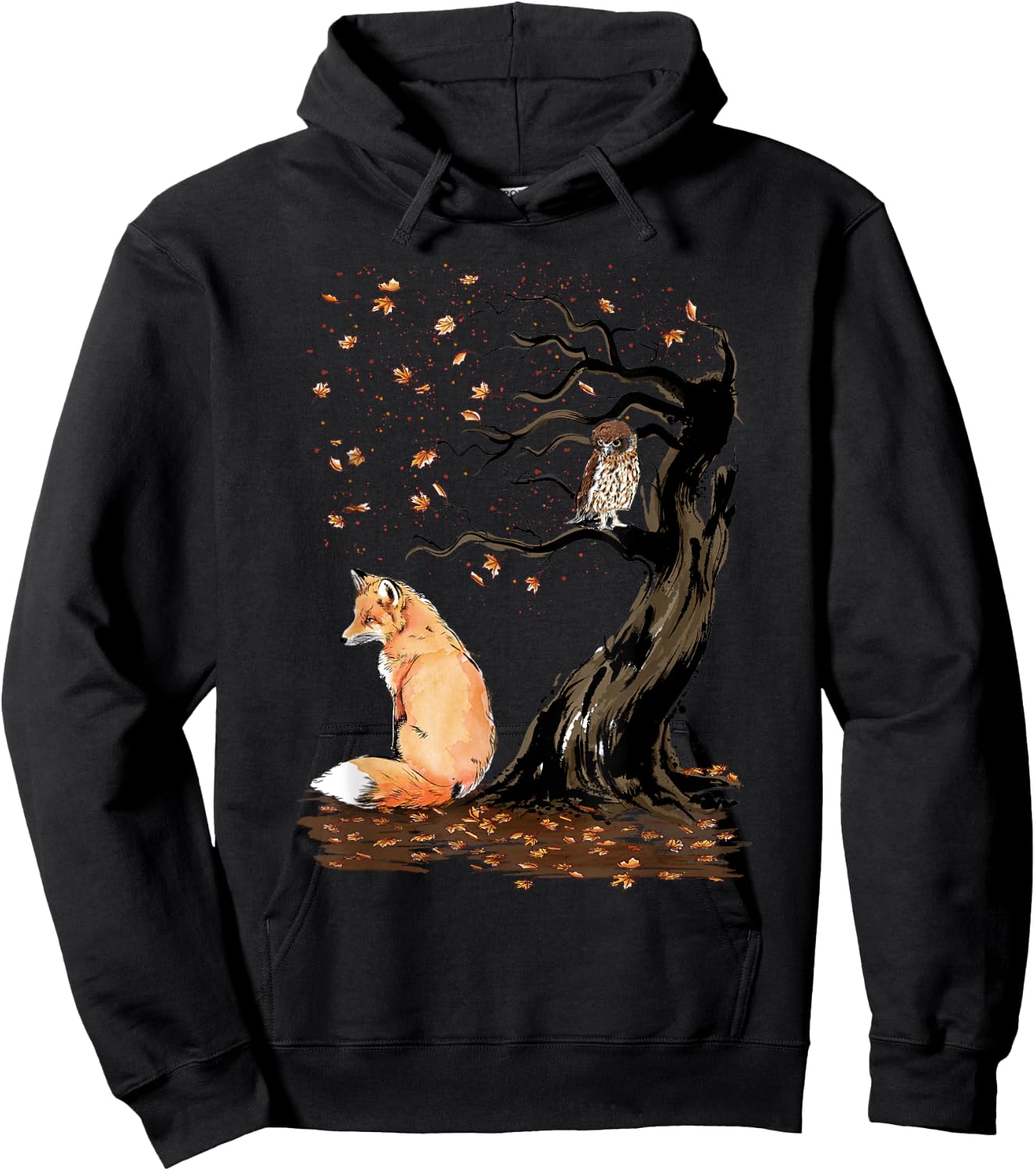 Winds of autumn Sumi-e The fox and the Owl Hoodie - Hoodie | Black