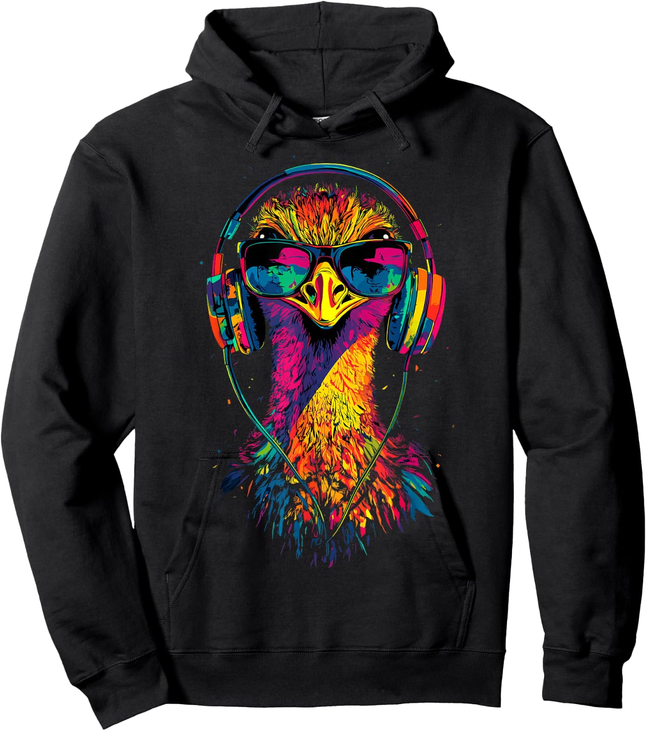 Ostrich Bird with Headphones Colorful Emu Music DJ , Black, S Hoodie - Hoodie | Black