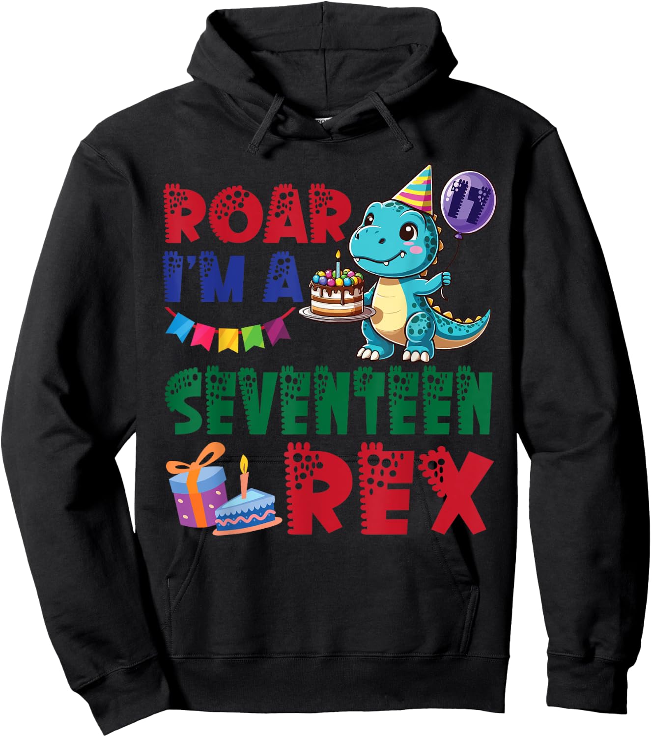 Dinosaur & Balloon Birthday Cake Roar I'm A 17 Years Old Rex Hoodie - Hoodie | Black