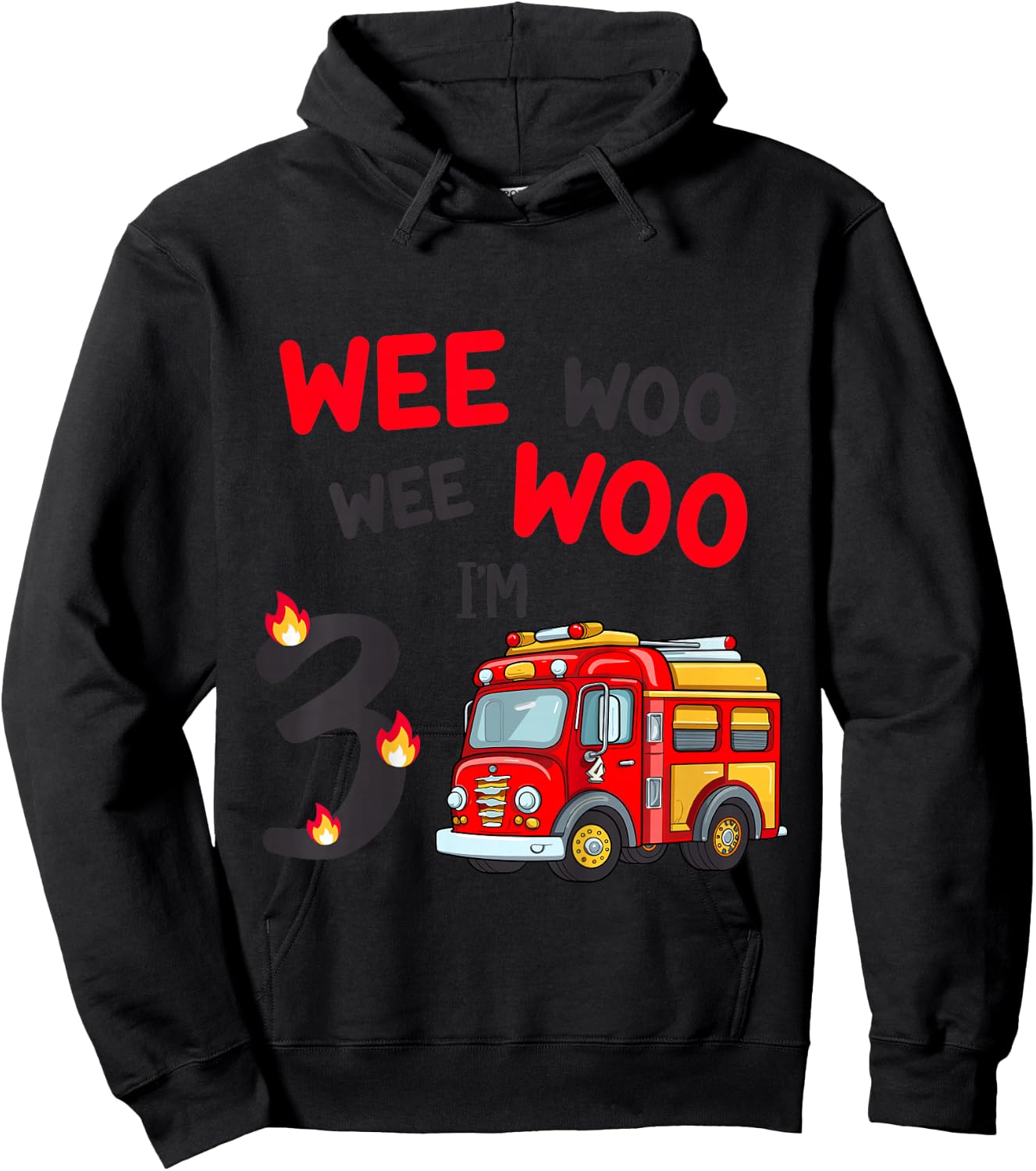 Wee Woo I'm 3 Years Old Red Fire Truck Boys 3rd Birthday Hoodie - Hoodie | Black