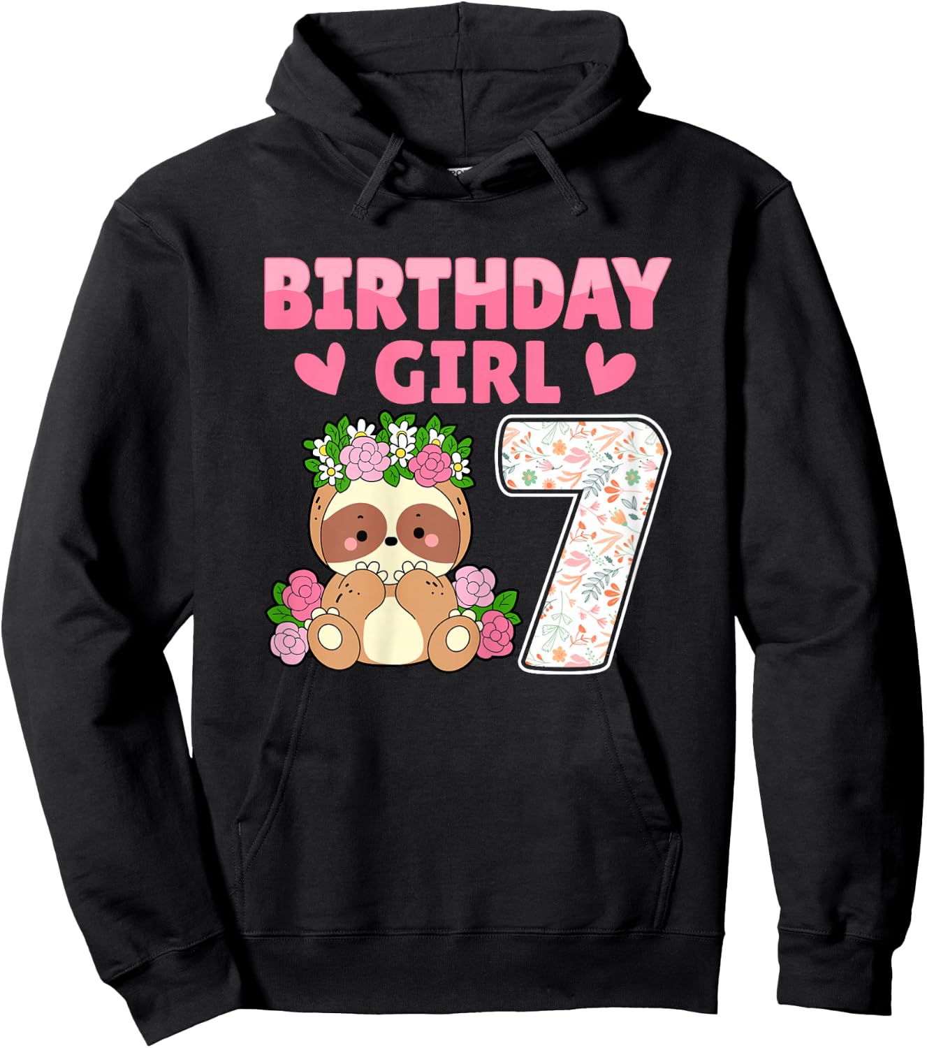 7th Birthday Party Sloth Lover 7 Years Old Birthday Girl Hoodie - Hoodie | Black