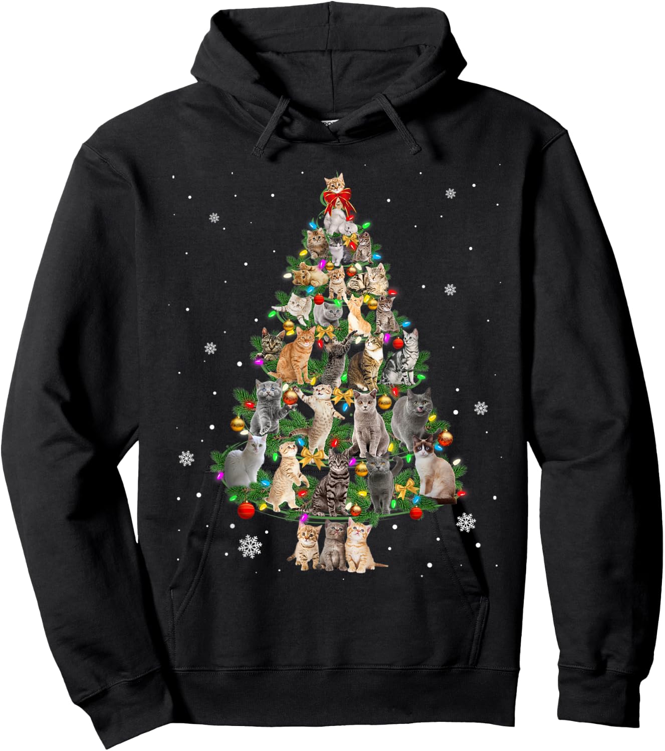 Cat Christmas Cats Tree Lights Funny Gift Hoodie - Hoodie | Black
