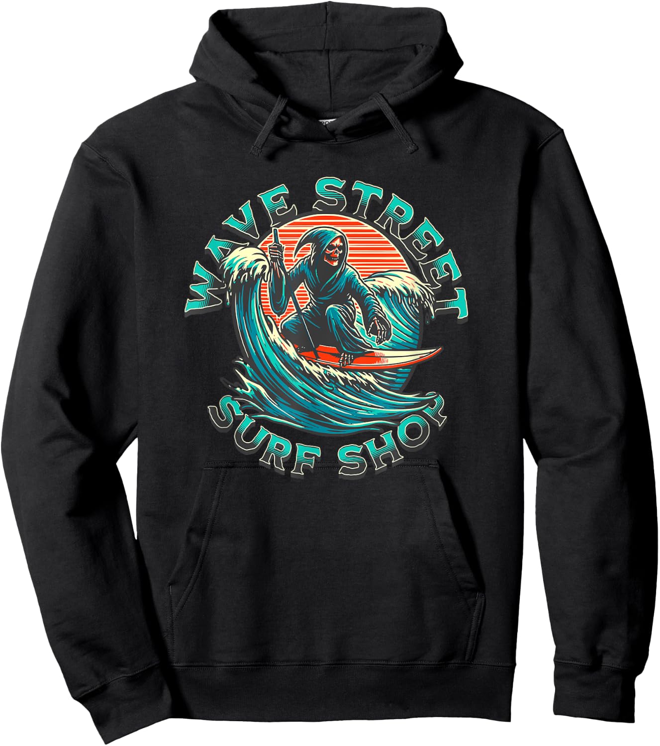 Wave Street Retro Vacation Beach Surfing Skul Graphic Hoodie - Hoodie | Black