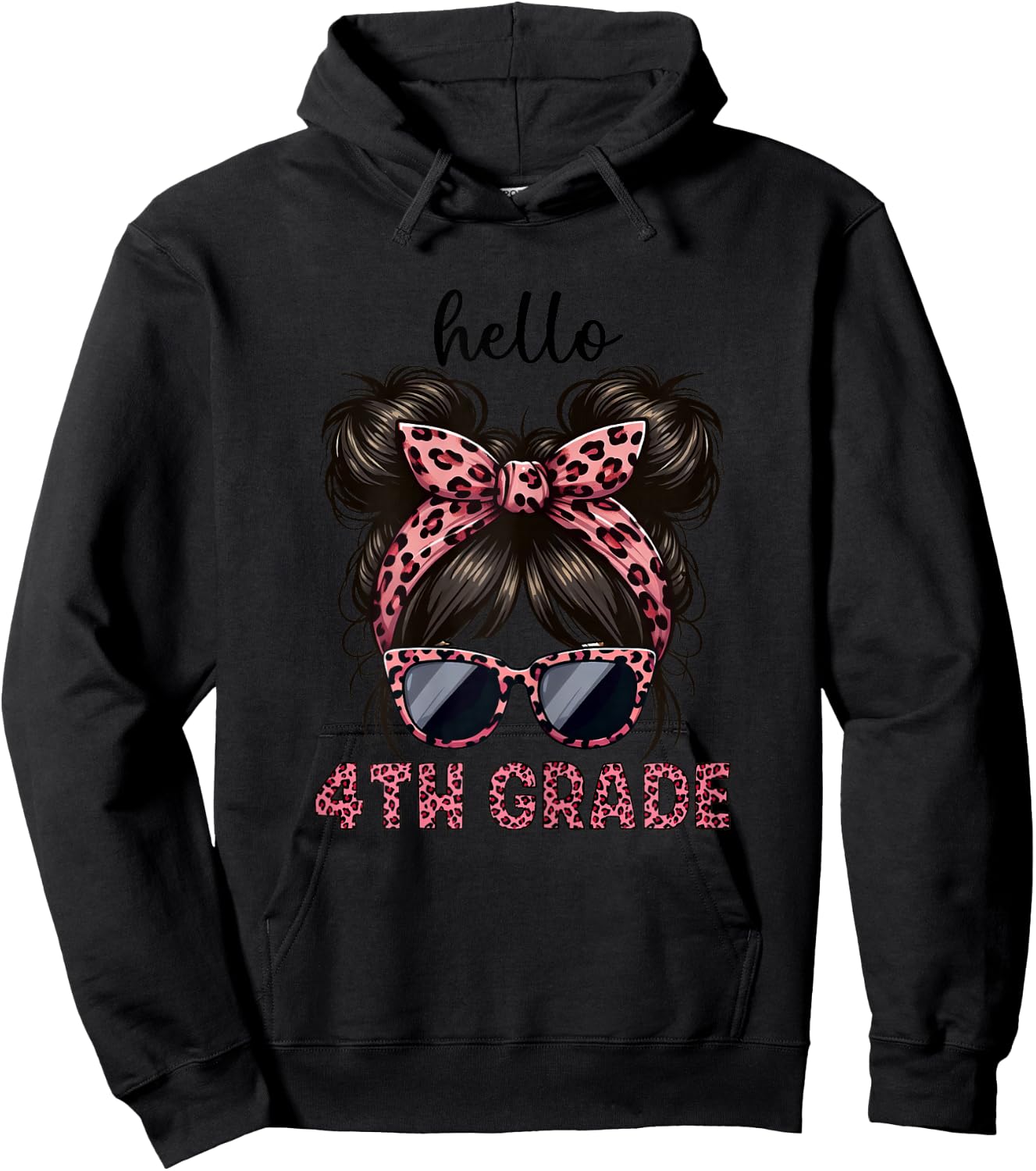 Hello 4th Grade Messy Hair Bun Girl Leopard Back To School Hoodie - Hoodie | Black