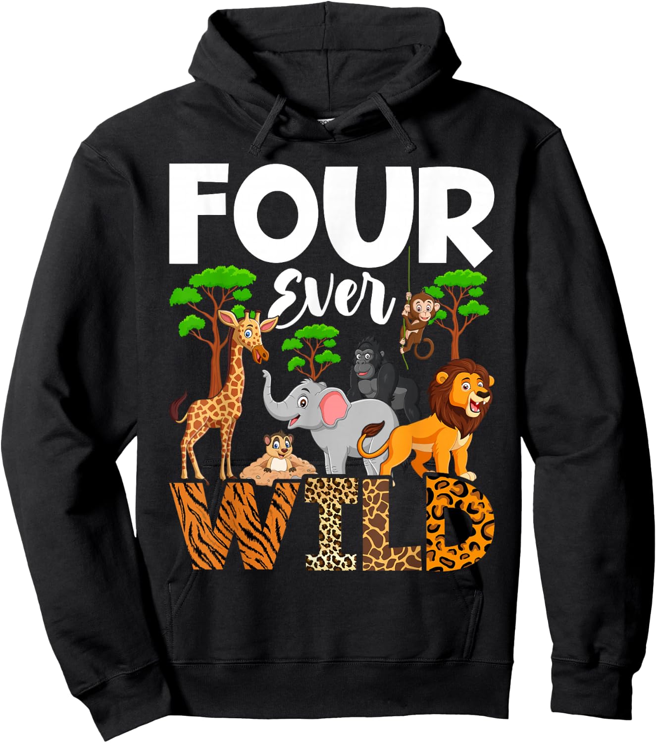 Leopard Girl 4th birthday Four Ever Wild 4 year old Awesome Hoodie - Hoodie | Black