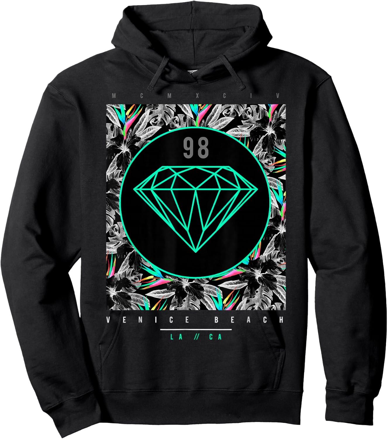 Venice Beach Diamond Color Floral Print Hoodie - Hoodie | Black