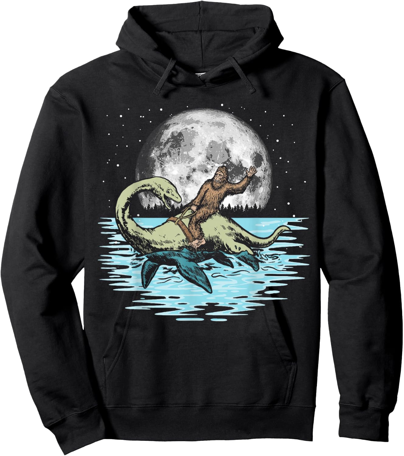 Funny Bigfoot Riding Nessie Loch Ness Monster & Full Moon Hoodie - Hoodie | Black
