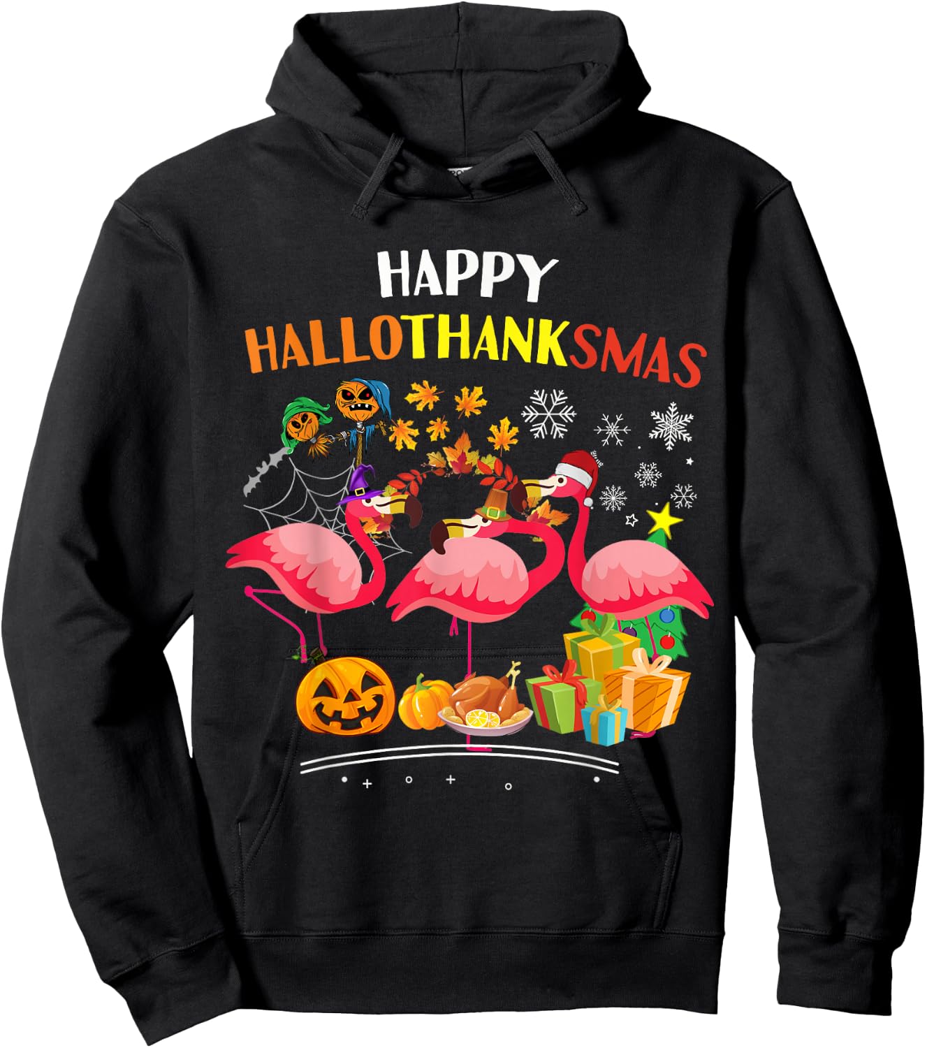 Flamingo Halloween Merry Christmas happy Hallothanksmas Hoodie - Hoodie | Black