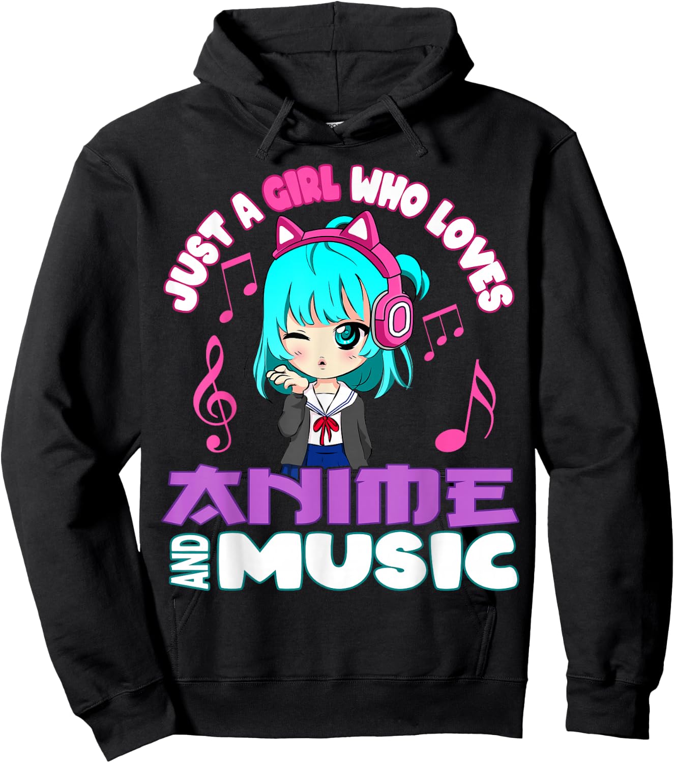 Just a Girl Who Loves Anime and Music Funny Chibi Graphic Hoodie - Hoodie | Black