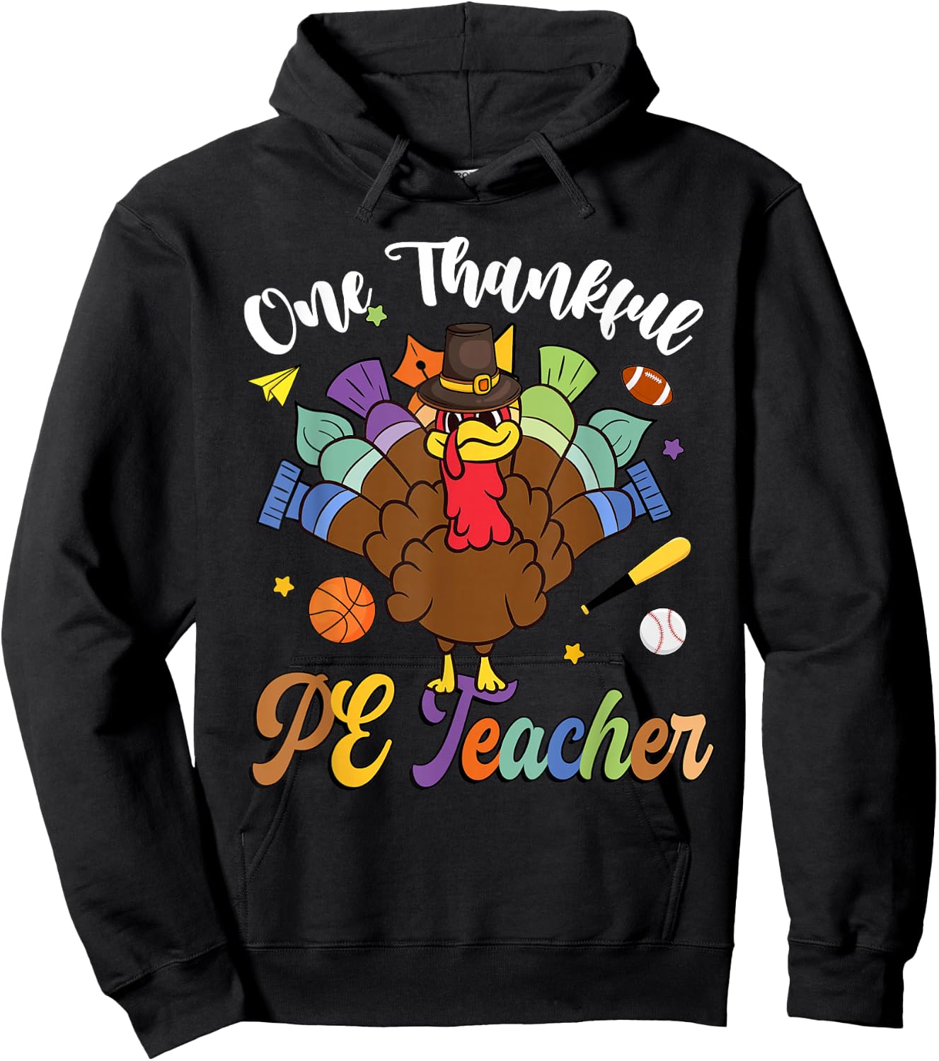 One Thankful PE Teacher Turkey Thanksgiving -Adults & Kids Classic Fit Black Polyester 100% Short Sleeve Hoodie - Hoodie | Black