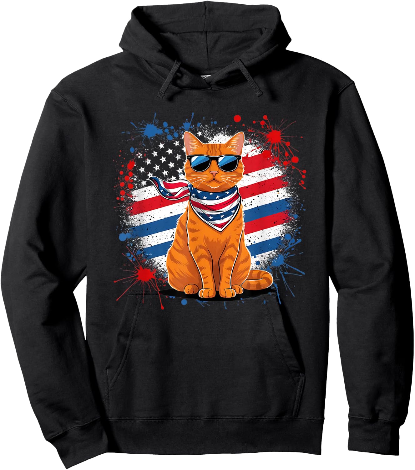 Funny Vintage Orange Tabby Cat Sunglasses Scarf USA Flag Hoodie - Hoodie | Black